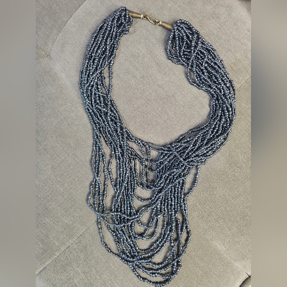 Elegant Multi-Strand Beaded Necklace - Metallic Blackish Blue